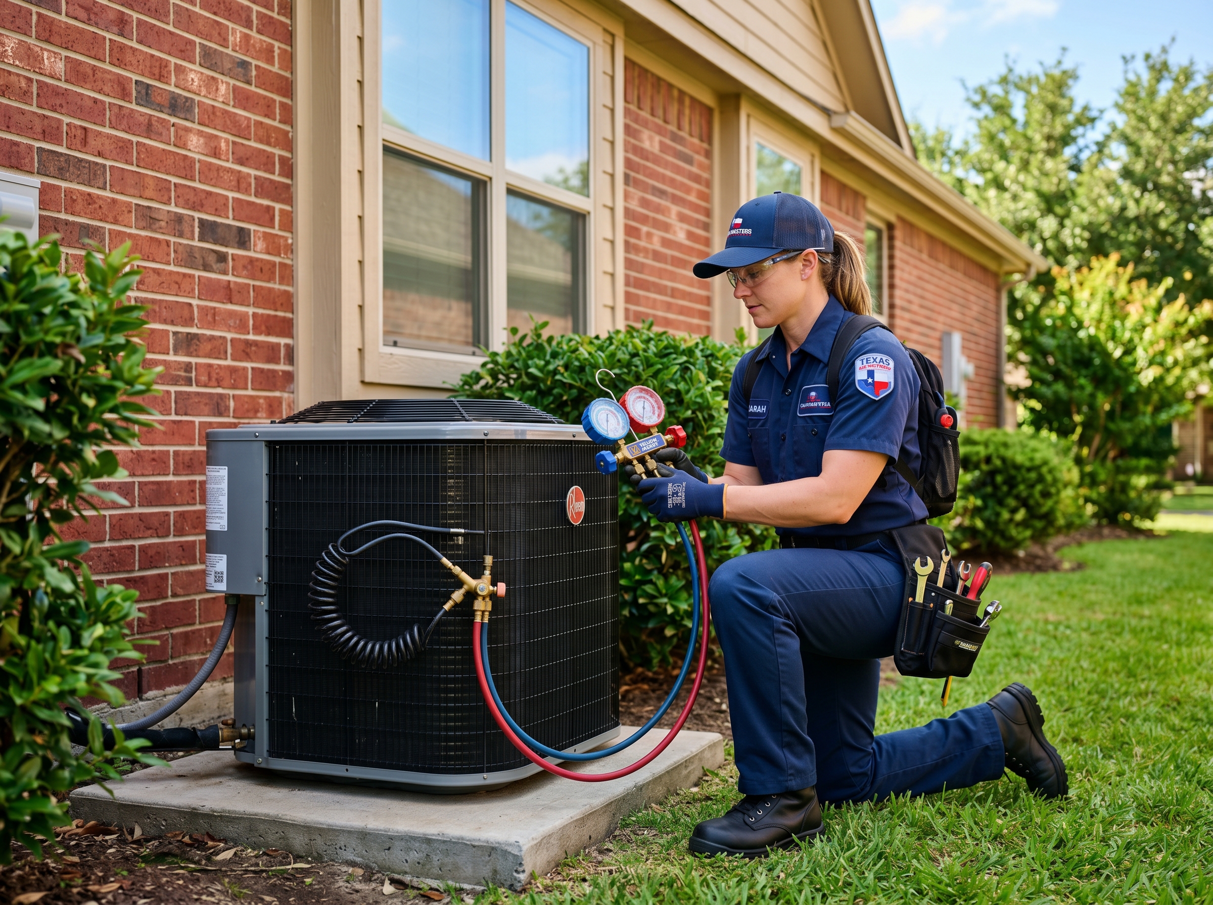 HVAC technician servicing an air conditioning unit at a Katy home