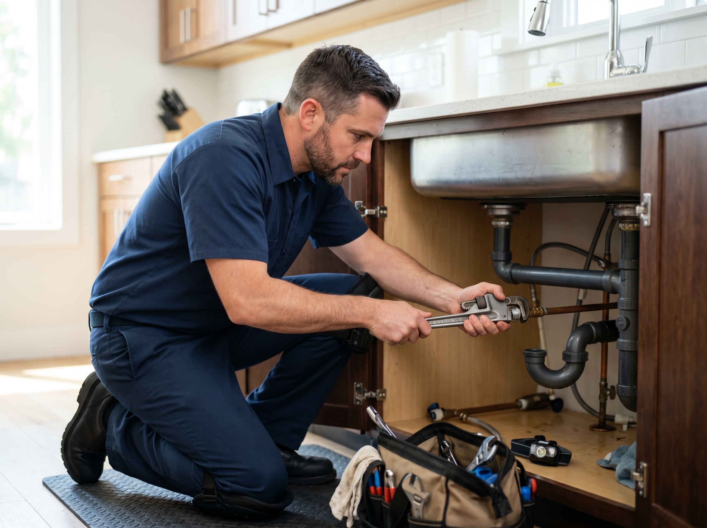 Katy plumber repairing pipes under a kitchen sink